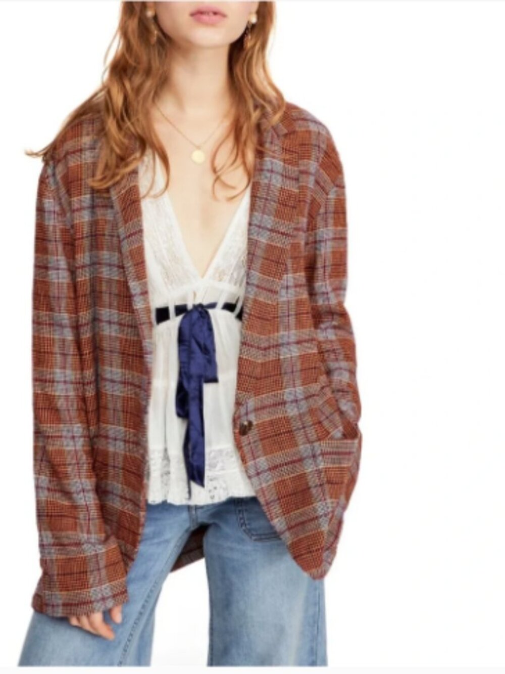 Free People Simply Plaid Blazer Jacket Linen Oversized Relaxed Burgundy Red XS